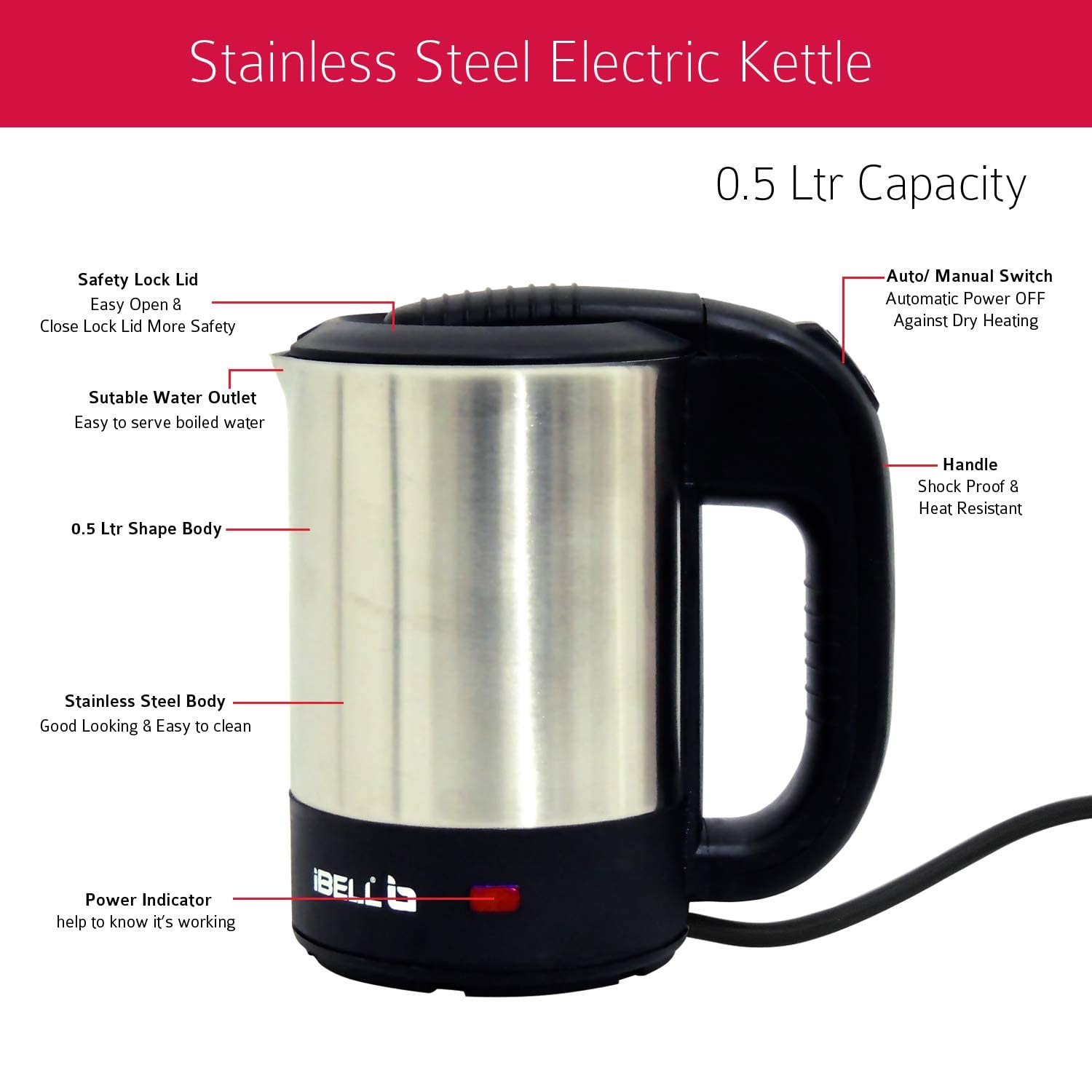 iBELL SEK105 Electric Kettle With Removable Lid
